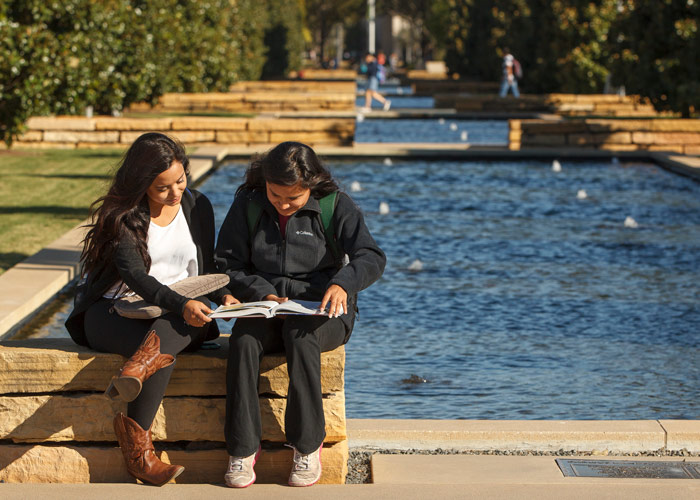 Picture of students studying as they sit on a limestone bench on the McDermott Mall