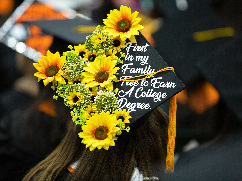 Graduation cap that reads first in my family tree to earn a college degree